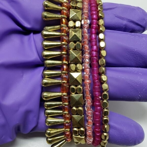 Women's Stylish Set of 5 Gold-tone Layered of Colorful Beaded Stretch Bracelets - Picture 1 of 9